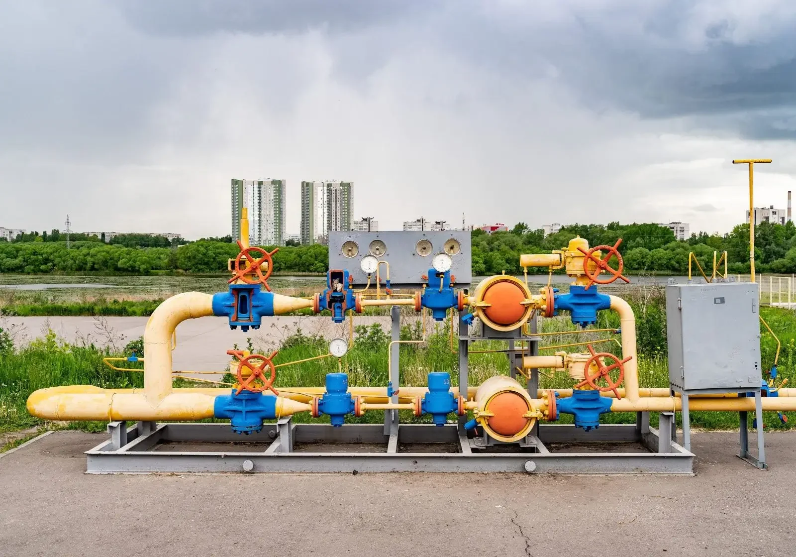 Industrial water pipeline system with valves and meters outdoors.