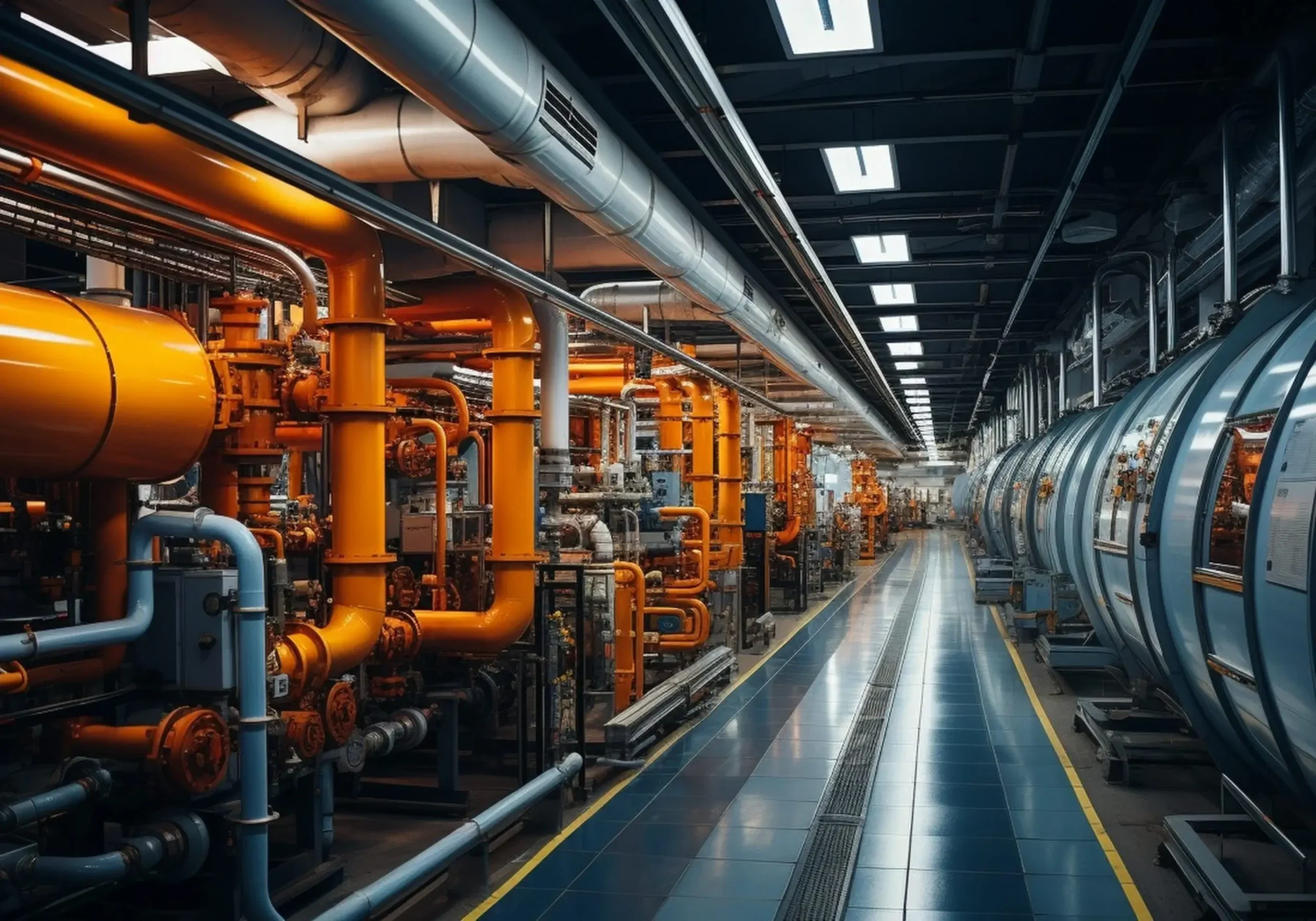 Industrial facility with orange pipes and large metal tanks.